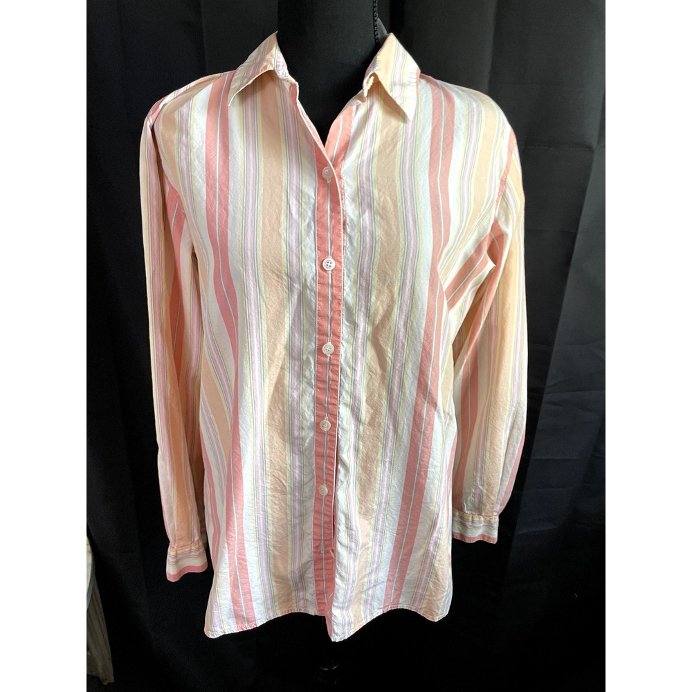 LIZ CLAIBORNE Women's Shirt M Orange Yellow Striped Button Down Cotton Blouse